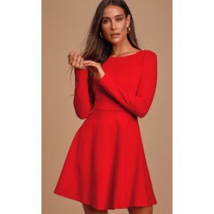 Lulu's Red Forever Chic Long Sleeve Skater Dress
